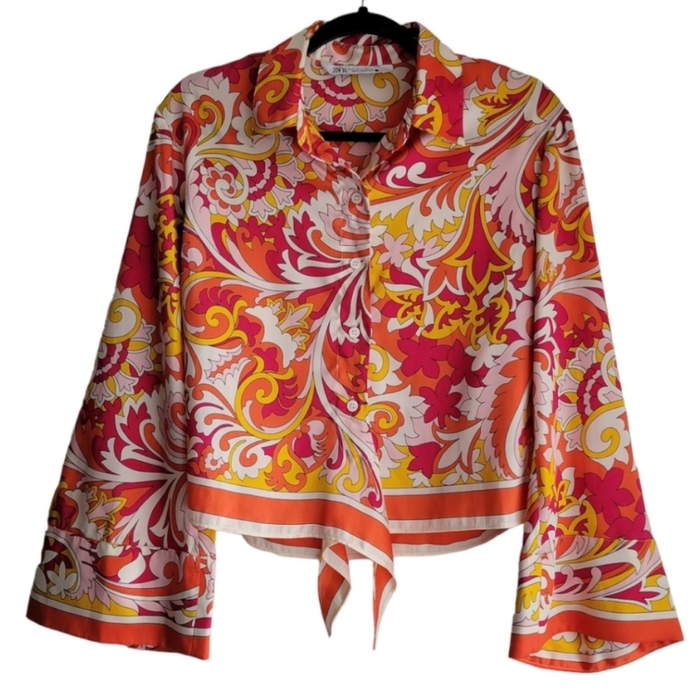 Zara Woman’s Boho Paisley Whimsical Bell Sleeve Tie Waist Button Up Top Size S
